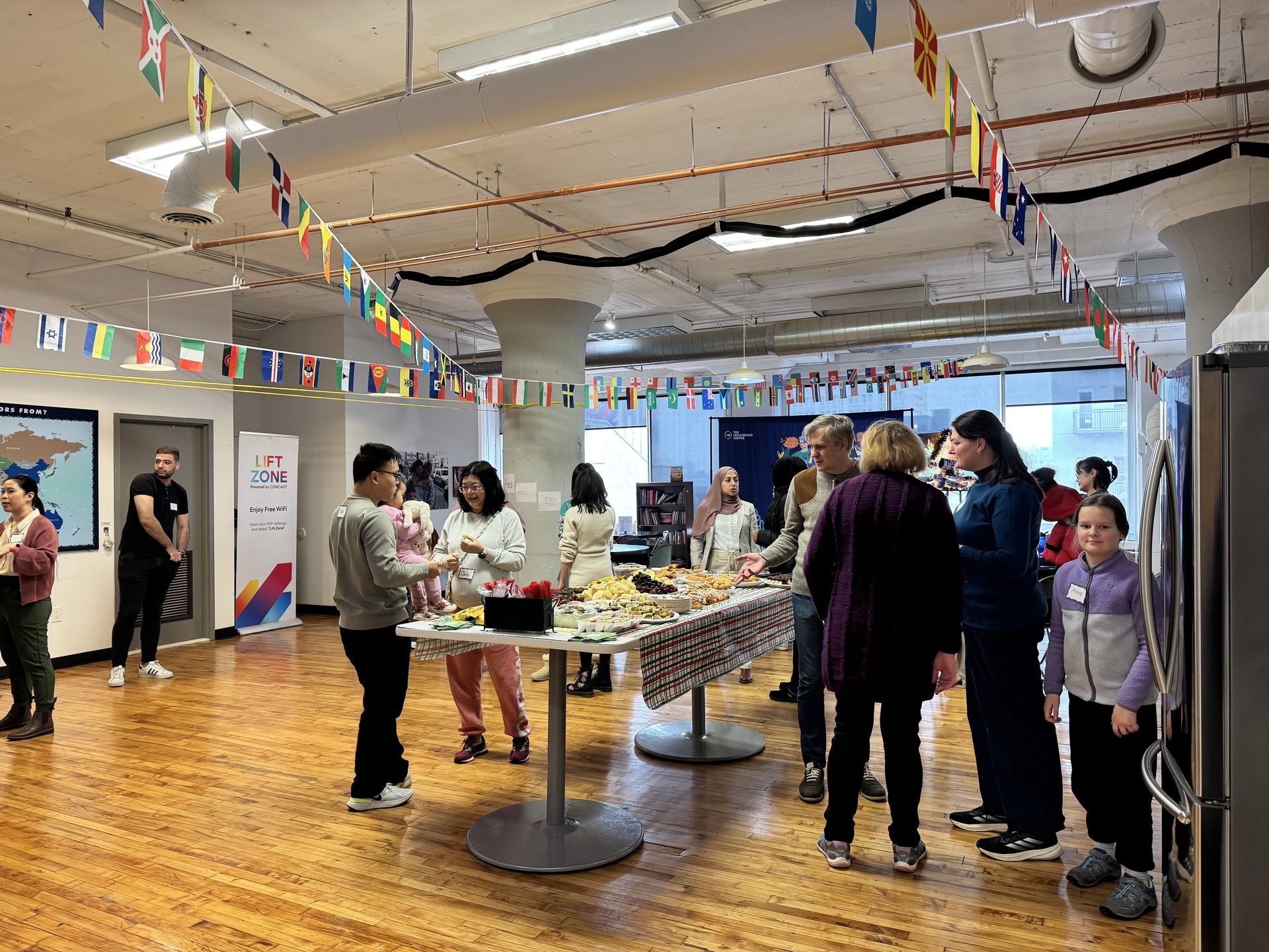 Abundant potluck table with community dishes